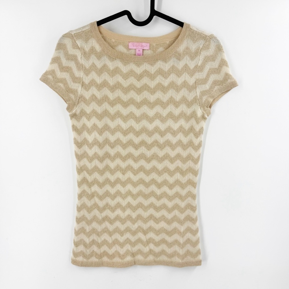 ✅ Lilly Pulitzer Sydney gold chevron zigzag short sleeve sweater top X-SMALL